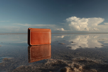 Minimalist waterproof wallet, placed on the calm sea surface with a reflective effect, still does not get wet