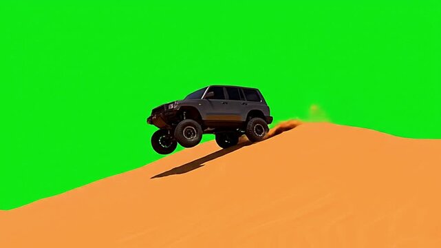 $x$ Truck offroading on the desert against green scree