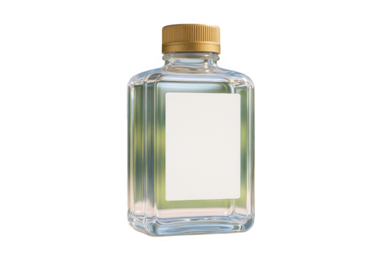 Clear bottle with a gold lid sits on a white background. 3d isolated illustration on transparent background