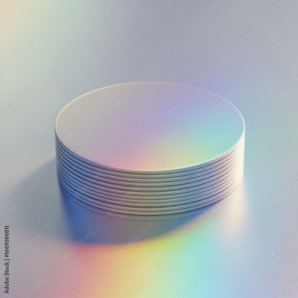 Poster stack of iridescent circular discs on a reflective surface with rainbow color gradient reflections a