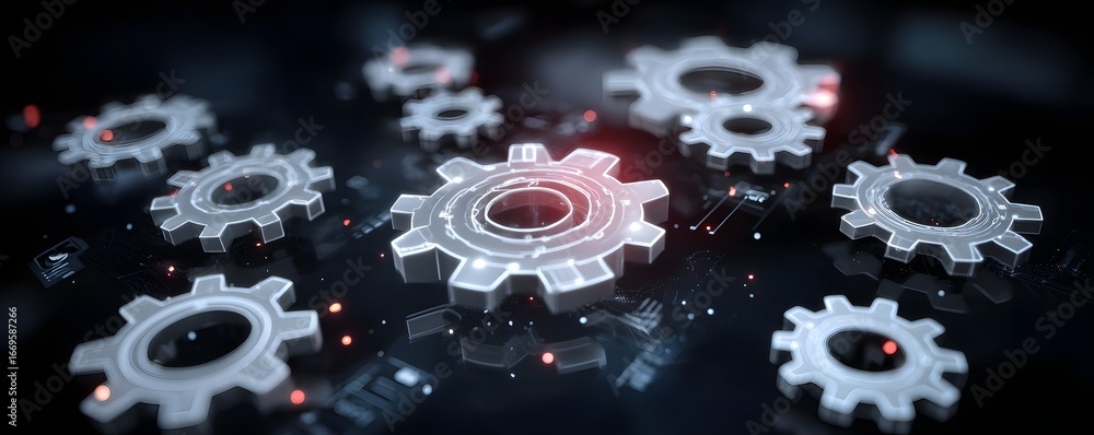Aufkleber a high-tech interface with glowing holographic gears representing ai and automated processes, digita