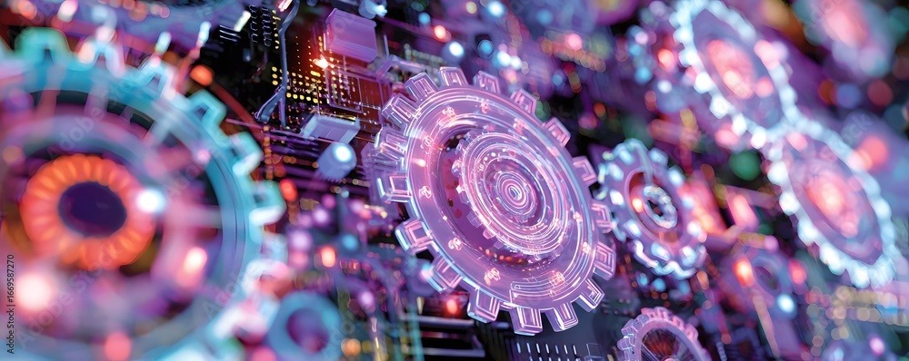 Poster a high-tech interface with glowing holographic gears representing ai and automated processes, digita