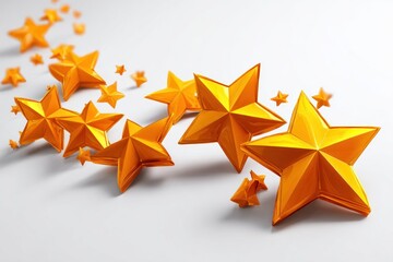 Shiny, golden stars scattered randomly on a white surface, casting soft shadows, creating a sense of aspiration