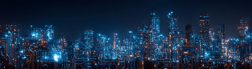 Fototapeta premium Futuristic city skyline overlaid with glowing circuit board elements, concept of AI-driven smart cities and automation, copyspace