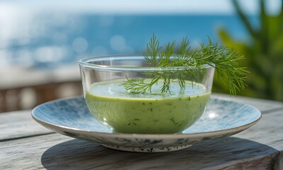 Refreshing green gazpacho soup with fresh dill served outdoors overlooking the ocean