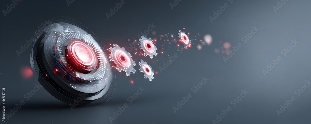 Poster a high-tech interface with glowing holographic gears representing ai and automated processes, digita
