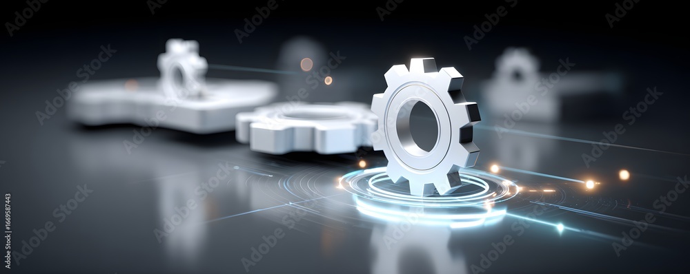 Aufkleber a high-tech interface with glowing holographic gears representing ai and automated processes, digita