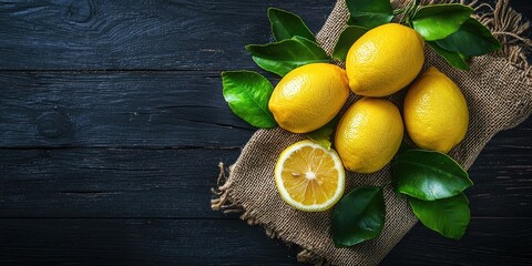 Overhead shot of fresh lemons and green leaves on burlap sack over dark wooden surface Stock photo
