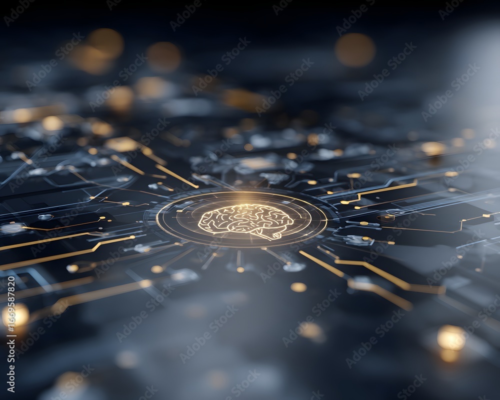 Poster futuristic computer motherboard glowing with ai processor core in center, symbol of technology and a