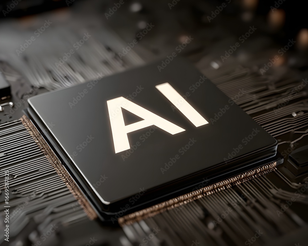 Aufkleber futuristic computer motherboard glowing with ai processor core in center, symbol of technology and a