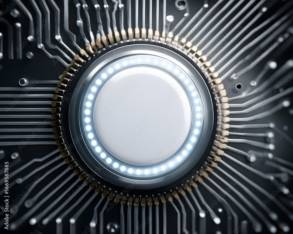 Poster futuristic computer motherboard glowing with ai processor core in center, symbol of technology and a