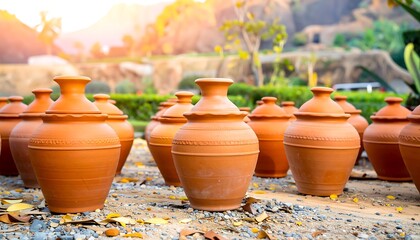 Traditional Terracotta Water Jars in a Garden Setting