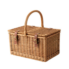 Wicker Picnic Basket Sits Securely with Leather Straps and Golden Buckles on Black