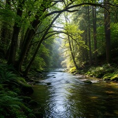 Obraz premium Sunlit Stream Through Lush Green Forest, A Tranquil River Flowing Through a Dense Woodland Landscape