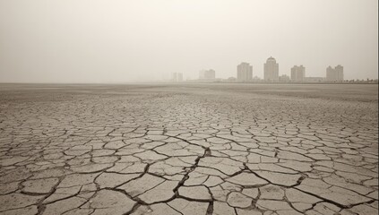Arid landscape with cracked earth and distant city skyline under a hazy sky