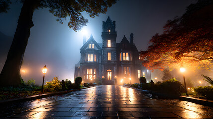 Obraz premium A haunting Victorian mansion emerges through swirling mist, evoking intrigue and nostalgia.