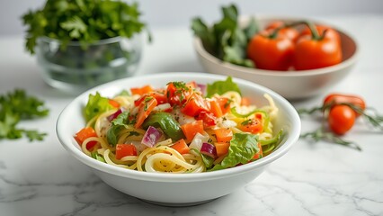 Fresh Vegetable Salad in White Ceramic Bowl on Marble Surface
