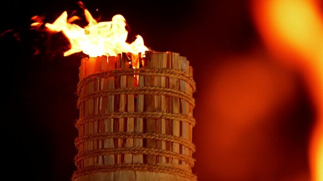 [Super Slow]Spectacular Japanese Fire Festival Featuring Massive Torches and Fiery Traditions / Traditional Japanese Performing Arts and Crafts Recognized as Intangible Heritage