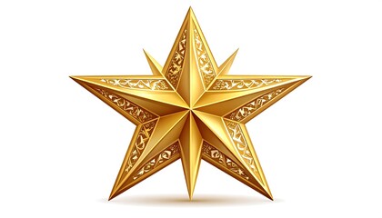 A detailed, ornate gold star with intricate, decorative carvings, set against a pure white background.