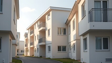A modern housing complex with clean architectural lines, illuminated by soft daylight.