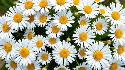 Fresh daisy flowers in circular arrangement, highlighting white petals and yellow centers with natural light.