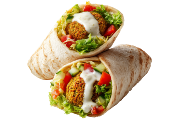 Tasty falafel wraps in pita filled with lettuce, tomato, cucumber, onion, and tahini drizzle sauce isolated on white background, concept of healthy vegetarian lunch