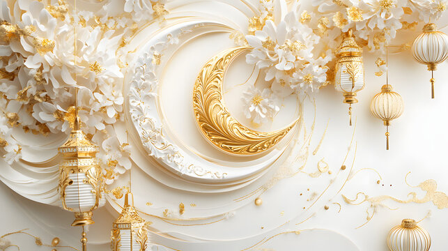 &bull; Elegant Iftar invitation card in Urdu with embossed crescent and lanterns, featuring gold foil calligraphy of Ramadan Mubarak isolated on white background in HD 