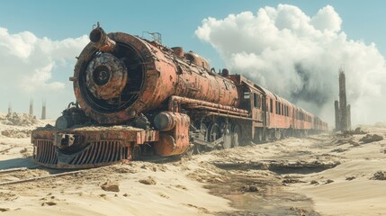 Post-apocalyptic wasteland with a rusted train half-buried in mud, broken form of a relic from a world long gone, decaying metal shell among overgrown terrain.