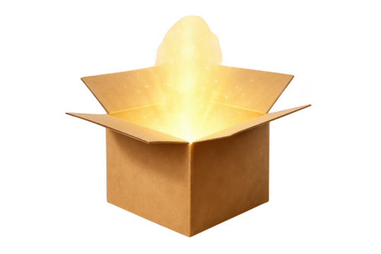 Cardboard box with a light shining out of it. 3d isolated illustration on transparent background