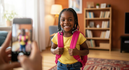 Happy African American mother taking a photo of her daughter on her phone before leaving for school. Back to school concept.	