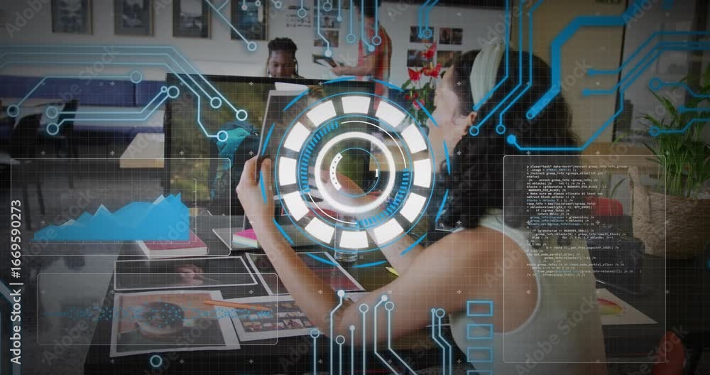 Poster when hud overlay appearing, designer selecting print and aligning under pulsing for design analysis