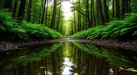 Obraz premium Serene forest path with lush green ferns and reflective water pool