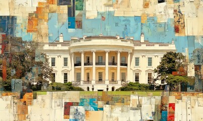 Obraz premium Artistic collage of the White House, creatively rendered to symbolically represent the U.S. government, its history, and political power. This visual reflects the enduring legacy, Generative AI