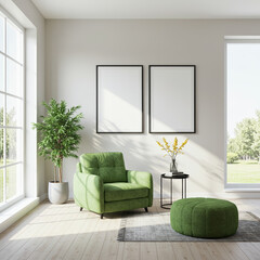 Two vertical frame mockups for artistic photographs above green armchair in bright modern living room