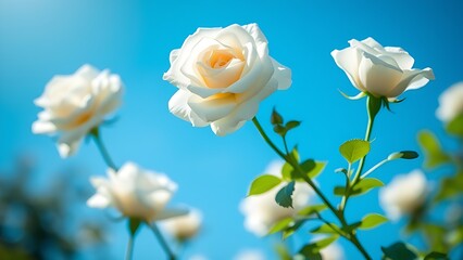 Fototapeta premium White roses against a blue sky with a soft bokeh background in natural sunlight.