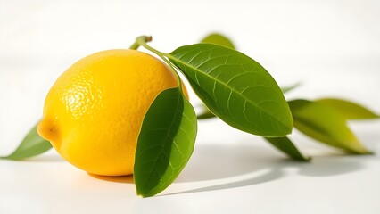 Fresh lemon with green leaves on a white surface, showcasing natural beauty and simplicity.
