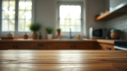 A close-up of a wooden table with soft bokeh and minimalist kitchen aesthetics.
