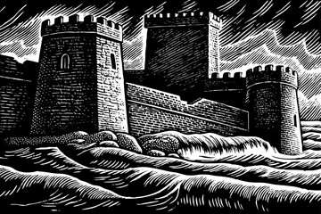 Fototapeta premium Historical island fortress with ancient walls, surrounded by sea waves, cultural landmark drawn in detailed black and white sketch