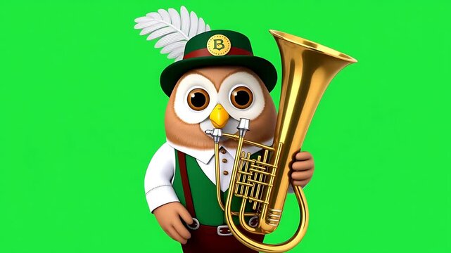 Playful Owl Musician in Bavarian Costume Playing Tuba on Green Screen