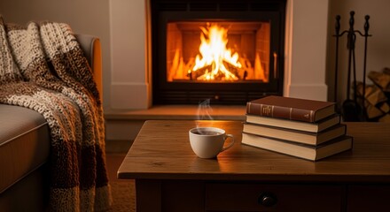 Cozy Winter Scene: Fireplace, Books, and a Warm Drink, Creating a Relaxing Atmosphere