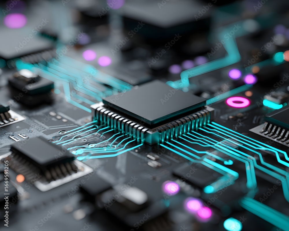 Poster a futuristic ai server processor with glowing holographic circuits spreading outward, automation the