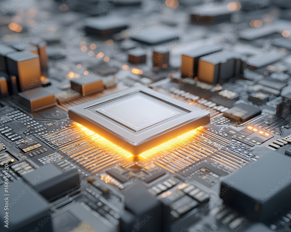 Poster a futuristic ai server processor with glowing holographic circuits spreading outward, automation the