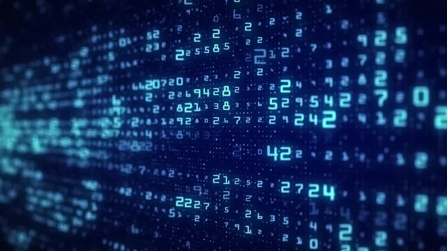 Digital coding calculation background. Matrix on blue display. Virtual data showcased on screen. 3D motion animation in 4K resolution. 