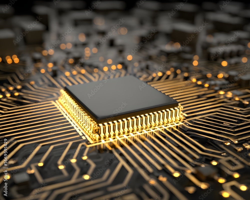 Poster a futuristic ai server processor with glowing holographic circuits spreading outward, automation the