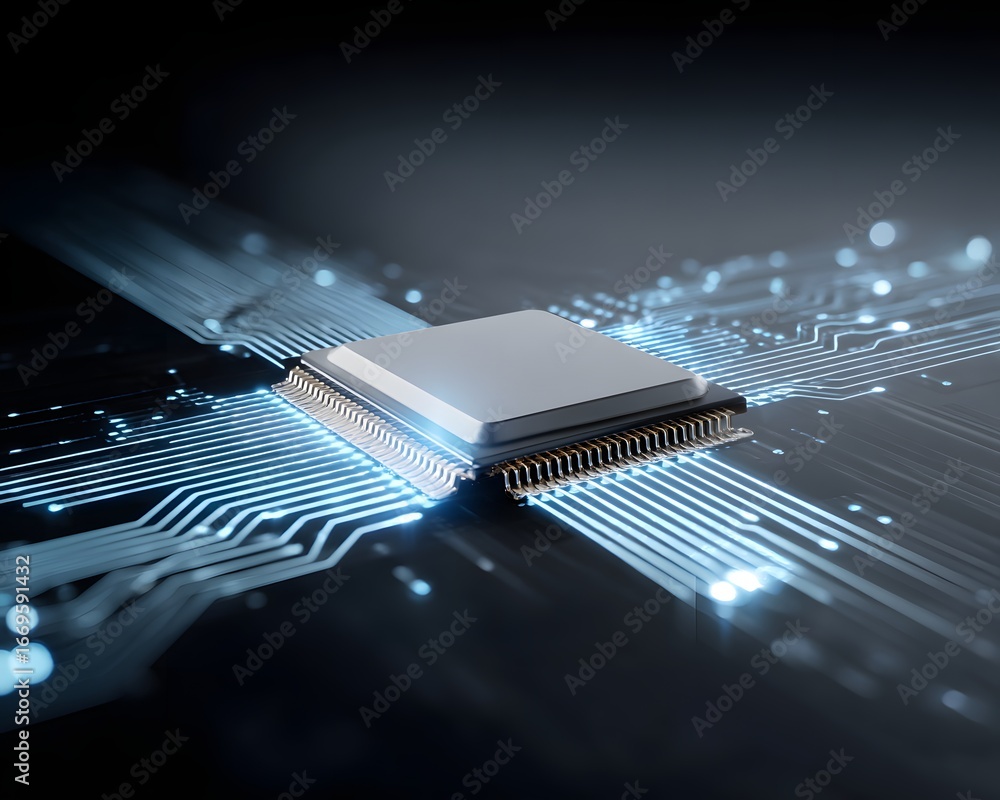 Poster a futuristic ai server processor with glowing holographic circuits spreading outward, automation the
