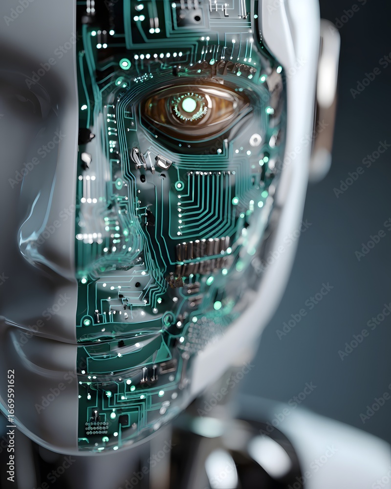 Poster a robot face half transparent showing glowing ai circuits inside, artificial intelligence and techno