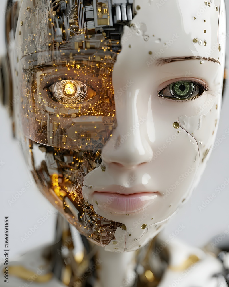 Poster a robot face half transparent showing glowing ai circuits inside, artificial intelligence and techno