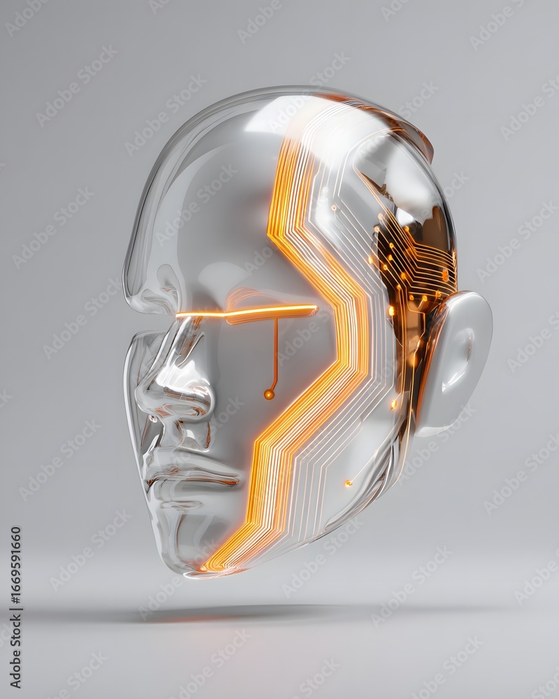 Poster a robot face half transparent showing glowing ai circuits inside, artificial intelligence and techno