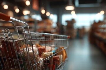 Shopping Cart Filled with Groceries in Modern Supermarket Interior