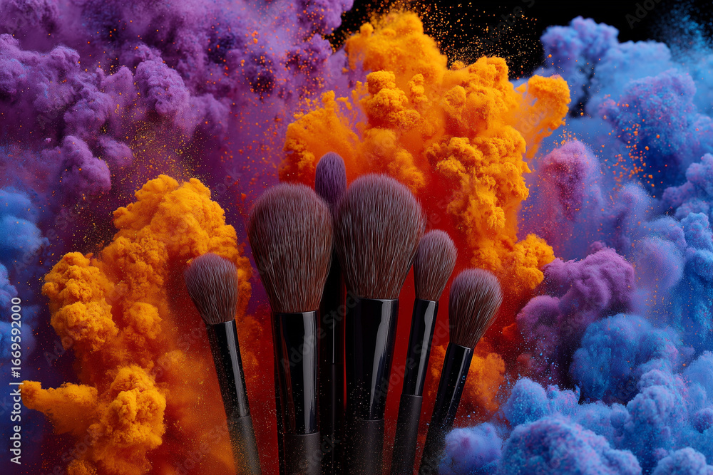 Poster a set of makeup brushes are displayed in front of a colorful explosion of paint